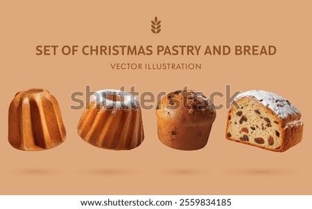 A Set of Christmas Pastry and Bread 3D Vector Items: Pandoro, Gugelhupf, Panettone, Stollen