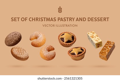 A Set of Christmas Pastry and Dessert 3D Vector Items: Gingerbread, Vanillekipferl, Mince Pie, Turrón