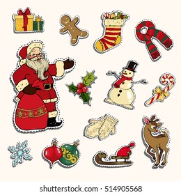 Set of Christmas patch badges with santa claus, ball, snowman, snowflake and other elements. Vector illustration eps10 format.