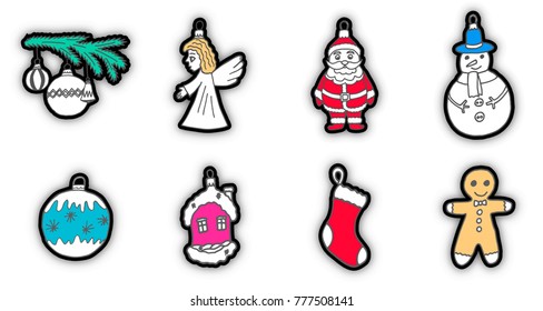 Set of the Christmas patches with Angel, sock, house, snowman, bell, Gingerbread Man, bauble, tree. Amazing magnetic stickers and badges with Xmas fashion cartoon elements. Design Vector illustration.