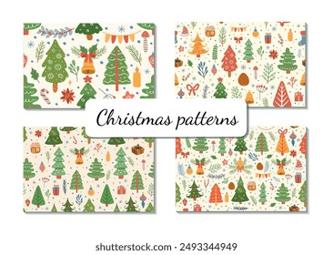 Set of christmas pattern of elements for design. pattern with Christmas tree, gifts, garlands stars, twigs and leaves. Cute elements in Memphis boho style. Vector Hand drawing in Scandinavian style.