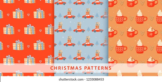 Set of Christmas pattern. Illustration with gift, car with presents, ginger cookie and mugs of cacao. Vector illustration for textile, postcard, wrapping paper, poster, background, cover.