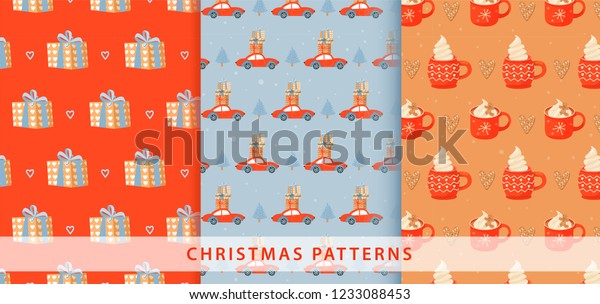 Set\
of Christmas pattern. Illustration with gift, car with presents,\
ginger cookie and mugs of cacao. Vector illustration for textile,\
postcard, wrapping paper, poster, background,\
cover.