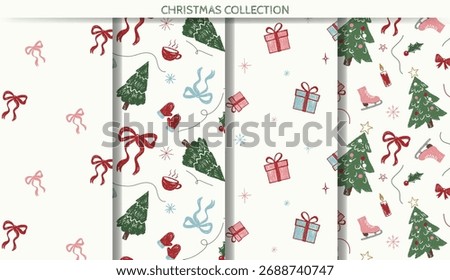 Set of Christmas patterns with cute chalk doodles. Xmas ornaments. Crayon style. Seamless winter backgrounds.