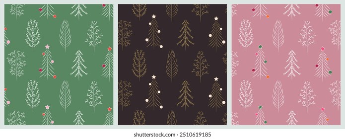 Set of Christmas patterns with cute Christmas trees, winter background with Christmas trees.