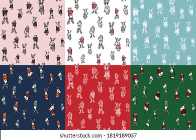 Set of christmas patterns with deers. Seamless vector hand drawn background. Deer in a sweater.