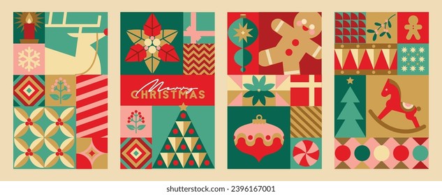 Conjunto de patrones y elementos de Navidad.  Patrones brillantes para el envoltorio de regalo de Navidad, calendario de llegada, etiquetas, tarjetas de felicitación o cajas de regalo 