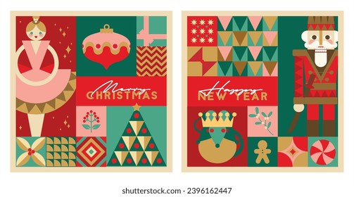 Set of Christmas patterns and elements. Nutcracker and mouse king theme. Christmas gift wrapper or advent calendar  design.