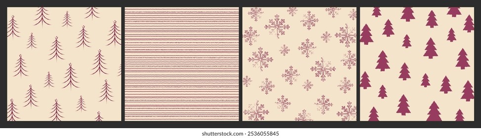 A set of Christmas patterns featuring Christmas trees, with a Scandinavian Norwegian simple winter print. This minimalistic graphic illustration includes a striped herringbone pattern adorned with sno