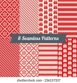 Set of Christmas Patterns with Snowflakes, Gifts, Zigzag lines and Diagonal Stripes in Red and Beige. Perfect for wallpapers, pattern fills, web page backgrounds, textile, wrapping paper 