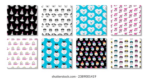 A set of Christmas patterns. Christmas tree, new year. Seamless vector patterns with cute kawaii characters.