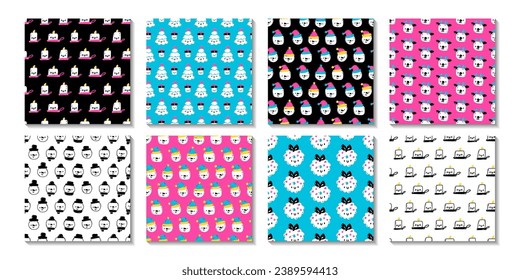 A set of Christmas patterns. Christmas tree, new year. Seamless vector patterns with cute kawaii characters.