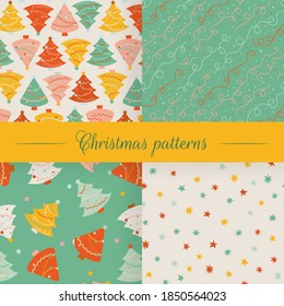 Set of Christmas patterns with trees, confettis and stars. Cute colorful illustration. Vector seamless backgrounds.