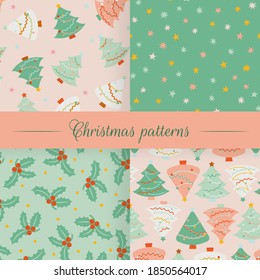 Set of Christmas patterns with trees, mistletoes and stars. Pastel colorful illustration. Vector seamless backgrounds.