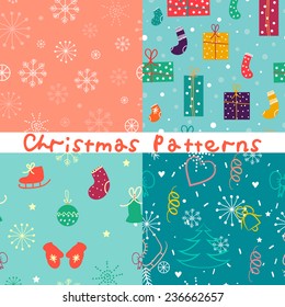 Set of Christmas patterns in winter style with snowman, snowflakes, mittens, socks, tree, gifts. Vintage style. Cute illustration can be used for cards, wallpaper or textile.