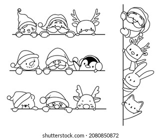 Set of Christmas peeking characters. Collection of looking out of the corner Santa Claus, elves, snowman and reindeer. Holiday card. Vector illustration of drawing for children.