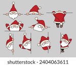 Set of Christmas peeking gnomes. Collection of cute holiday looking elves from around the corner. Decor for a New Year's card. Vector illustration for a holiday card. Drawing for children.