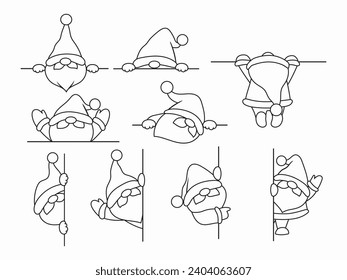 Set of Christmas peeking gnomes. Collection of cute holiday looking elves from around the corner. Decor for a New Year's card. Vector illustration for a holiday card. Drawing for children.