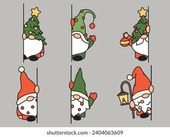 Juego de gnomos de peeking navideños. Colección de lindas vacaciones con aspecto de elfos a la vuelta de la esquina. Decoración para una tarjeta de Año Nuevo. Ilustración vectorial para una tarjeta de vacaciones. Dibujo para niños.