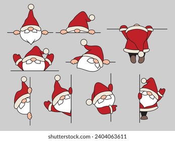 Set of Christmas peeking gnomes. Collection of cute holiday looking elves from around the corner. Decor for a New Year's card. Vector illustration for a holiday card. Drawing for children.