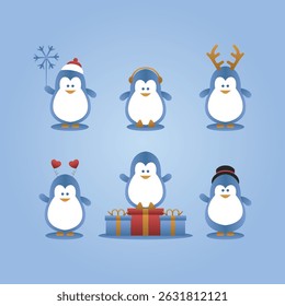 Set christmas penguin cartoon characters in various style poses by tulangbercabang studio
