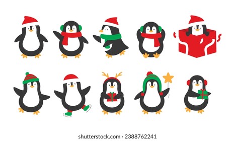 Set of christmas penguin characters flat design illustration