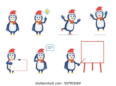 Set of Christmas penguin characters posing in different situations. Cheerful penguin talking on phone, pointing up, skating, jumping, holding banner, pointing to whiteboard. Vector illustration