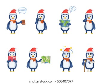 Set of Christmas penguin characters posing in different situations. Cheerful penguin holding mug of beer, map, magnifier, reading a book, injured, dizzy. Flat style vector illustration