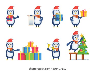 Set of Christmas penguin characters posing in different situations. Cheerful penguin holding gift box, scroll, jingle bells, decorating Christmas tree. Flat style vector illustration