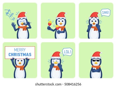 Set of Christmas penguin characters posing in different situations. Cheerful penguin karaoke singing, dancing, laughing, surprised, holding banner. Flat style vector illustration