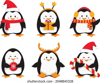 Establece caracteres de pingüino de navidad. Ilustración del vector