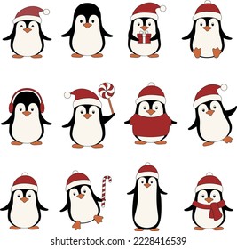 Set of Christmas penguins isolated vector