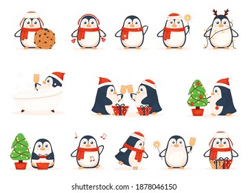 Set of Christmas penguins nv white background. Collection of pigwins for the New Year in red knitted scarves. Merry Christmas with the penguins. Vector illustration