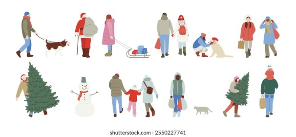 Set Of Christmas People In Winter Clothes: Santa, Women And Men, Children, Dogs And Cat, ChristmasTree. December Holidays Preparations. Flat Style Vintage Isolated On White. Vector illustration