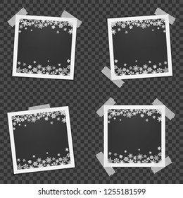 Set of Christmas photo frame with shadow. Photo frames with adhesive tape. Template photo frames with snowflakes for Christmas photos. Vector illustration.