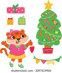 set of Christmas pictures dressed up Christmas tree tiger girl, presents, garland
