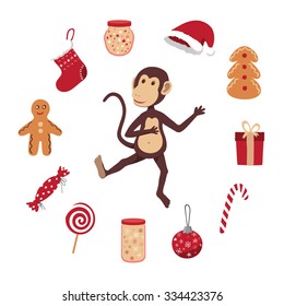Set of Christmas pictures. Editable Vector illustration of sweets, monkeys, New Year's gifts.