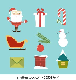 set of christmas pictures of Santa Claus, candy, Christmas tree, gifts, snowman, toys, sledge, a smoker, letter illustration