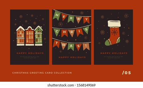 Set of Christmas pictures with traditional houses, flags, and sock for gifts. Template for holiday banners and greeting cards. New Year design for a print poster. Vector winter illustration.