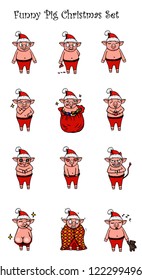 Set of christmas pig in red santa hat and red pants, different emotions and poses, smile, laughter, fear, crying, falling in love, anger, sleeping, indecent, thoughtful, sly, stock vector illustration