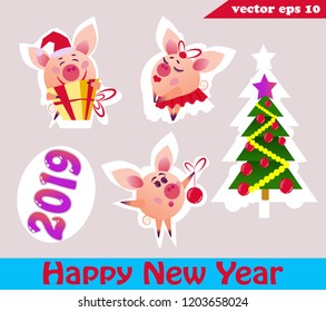 Set of Christmas pig stickers wth 2019 sign and firtree. All elements isolated and can be used separate. Vector illustrations. Good for poster, postcard, conratulation card, textile print, apps.