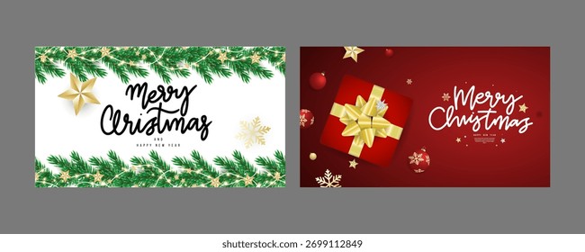 Set von Weihnachtskiefernrahmen und Frohe Weihnachten Kalligrafie Banner, Flaches modernes Design , Illustration Vektor EPS 10 