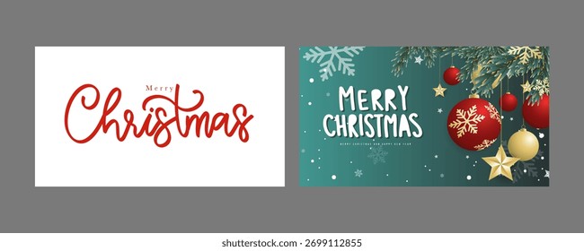 Conjunto de Navidades Marco de pino y Navidades alegres Anuncio de caligrafía, diseño moderno plano, Vector de ilustración EPS 10 