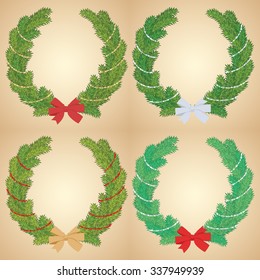 Set of Christmas pine garland decorated with red and golden ribbons. Vector
