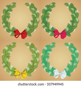 Set of Christmas pine garland decorated with red and golden ribbons. Vector