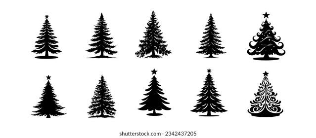 Set of Christmas pine tree silhouette isolated on white background. Forest tree vector illustration