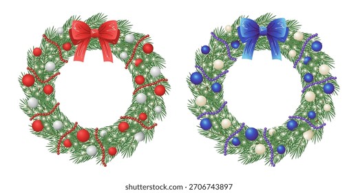 Conjunto de grinalda de pinho de Natal com arco e ornamentos. Ilustração vetorial