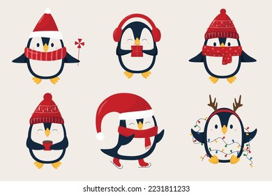 Set of christmas pinguins in flat style. Winter pinguins in red hats and scarf on white background. Merry Christmas concept with cute birds