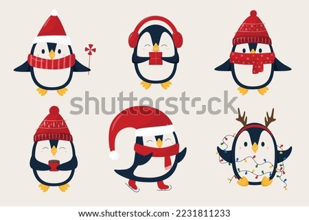 Set of christmas pinguins in flat style. Winter pinguins in red hats and scarf on white background. Merry Christmas concept with cute birds