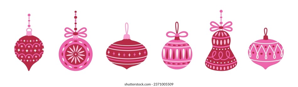 Juego de bolas rosadas y rojas de Navidad, decoraciones. Dibujando mano, colgando Navidad. Ilustración vectorial.